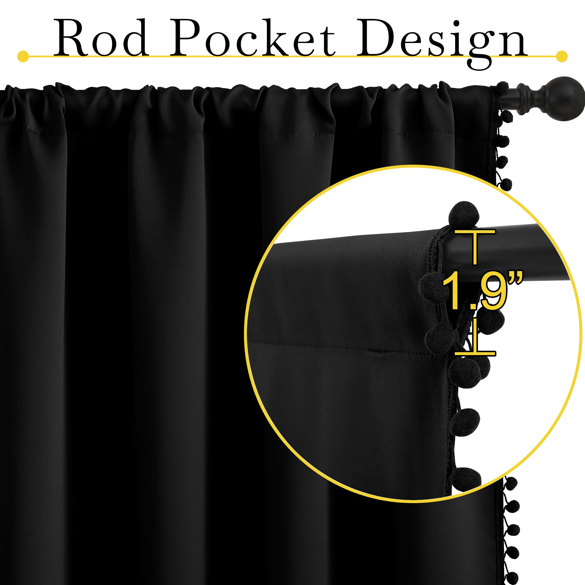 NICETOWN 2 Panels Blackout Curtains, Rod Pocket Jet Black Pom-poms Curtain Drapes - Image 3