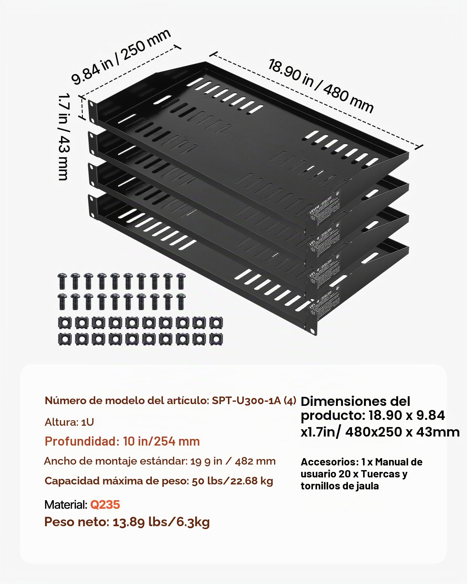 VEVOR Estante para Rack de Servidor de 1U, 4 Unidades, Capacidad de Carga Máxima de 22,68 kg, Ventilación en Voladizo, 25,4 cm de Profundidad, para Equipos de Red Informática con Gabinete de 48,26 cm