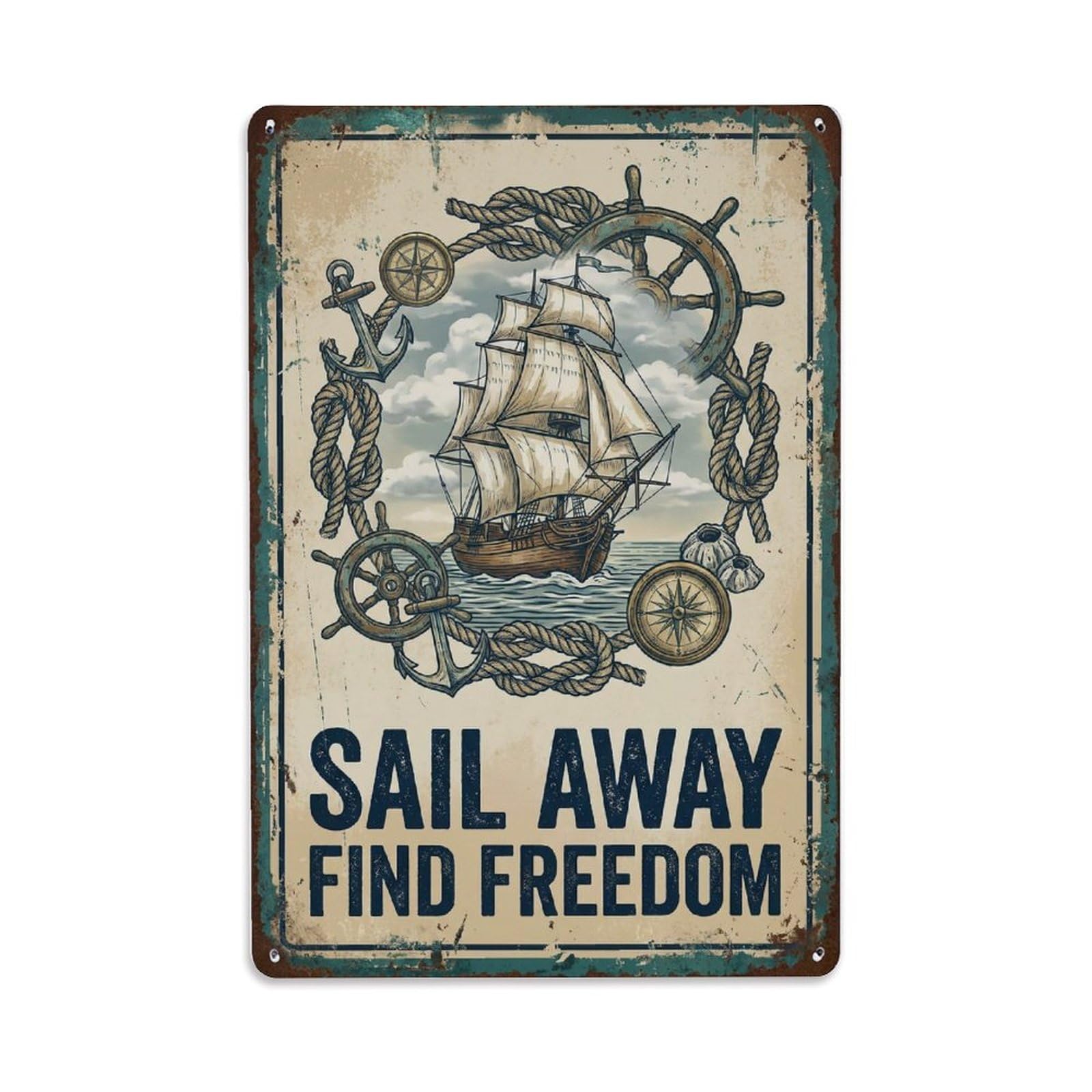 Fqnyr Style Sail Away Find Freedom Nautical Metal Tin Sign Plaque Wall Decor For Cafe, Club Bar, Office, Home Garden Metal Poster 8X12inch
