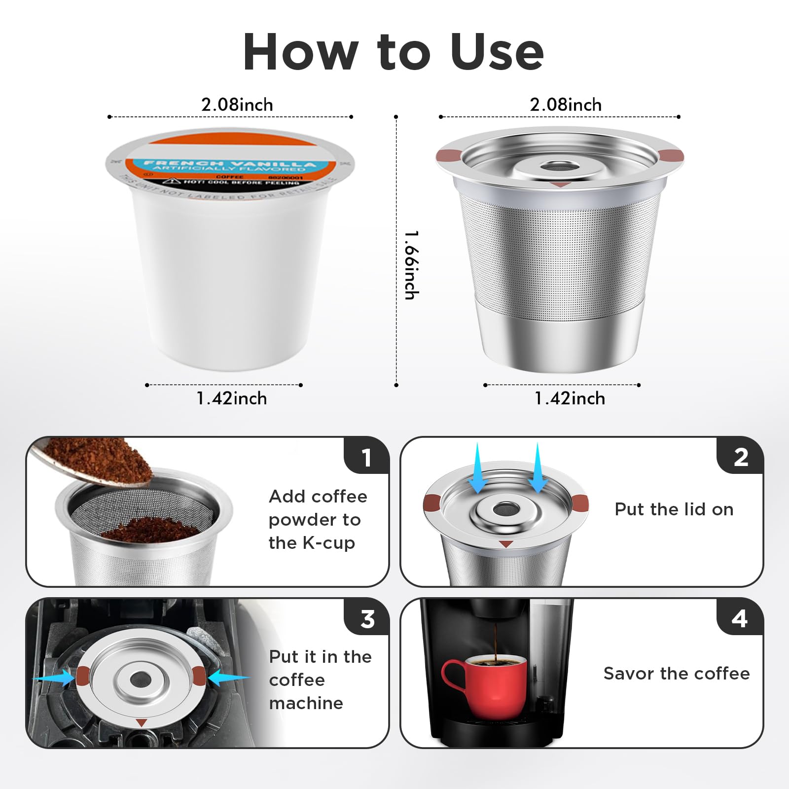 K-Cups reutilizables, tazas K de acero inoxidable para Keurig, cápsulas de café reutilizables Keurig para cafeteras Keurig 1.0 y 2.0, filtros de café recargables sin BPA (4)
