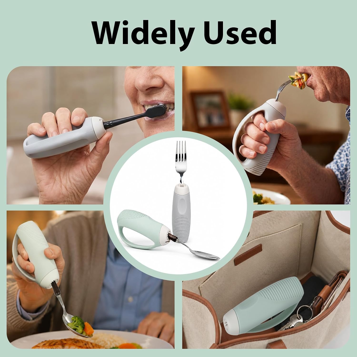 RAWILL Adaptive Utensils Grip Aid, 2 Pack Parkinsons Utensils Built-Up Silicone Handles for Spoons, Forks, Toothbrushes & Daily Living Tools, Elderly Assistance Products for Weak Hands(1 Gray 1 Green)