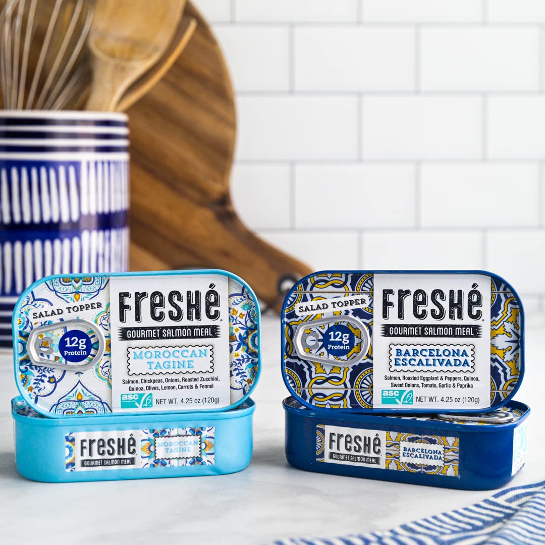 Freshé Canned Salmon Variety Pack (4 Pack) - Mediterranean Style Atlantic Salmon in Olive Oil with Lemon - Sustainably Farmed Tinned Fish (4.25oz Cans)