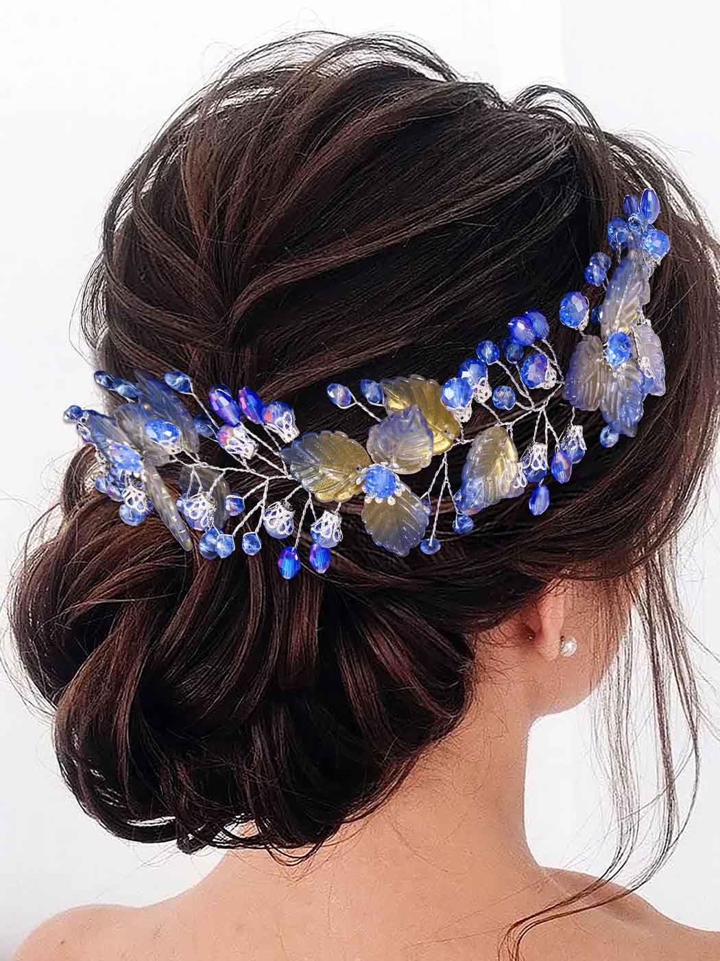 IYOU Bridal Wedding Hair Vine Blue Leaf Headband Crystals Guest Bride Bridesmaid Hair Accessories for Women - Image 2