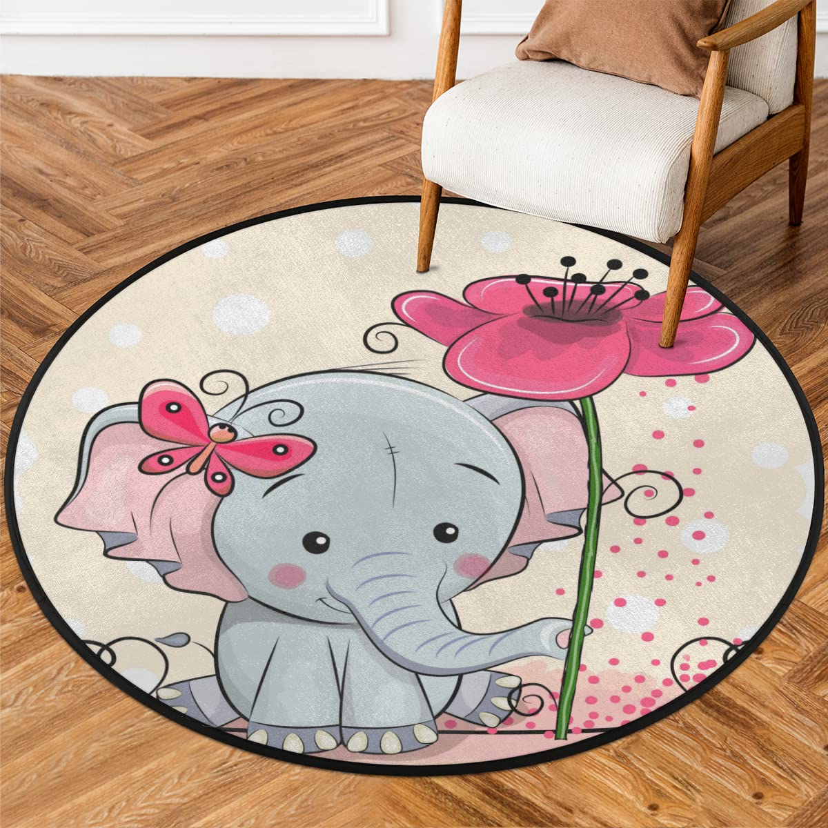 TropicalLife Cute Elephant Round Area Rug 160 cmFlower Elephant Circle Area Rugs for Room Home Indoor Non-Slip Floor Indoor Large Mat Rug