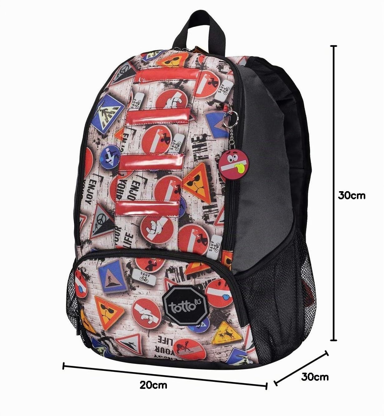 TOTTO - Mochila Escolar Grande, Modelo Street, Capacidad 21,78 litros, 2 Compartimentos, Luces Reflectantes, 2 Bolsillos para Botella, Correas en S para Mayor Comodidad, Estampado Señales