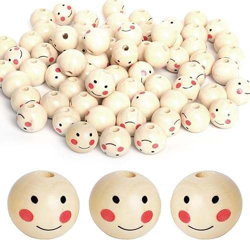 Miniatura 8 de Motroce 40 cuentas de madera sonriente de 0.787 in con agujeros, cuentas redondas de madera para manualidades infantiles, fabricación de joyas,