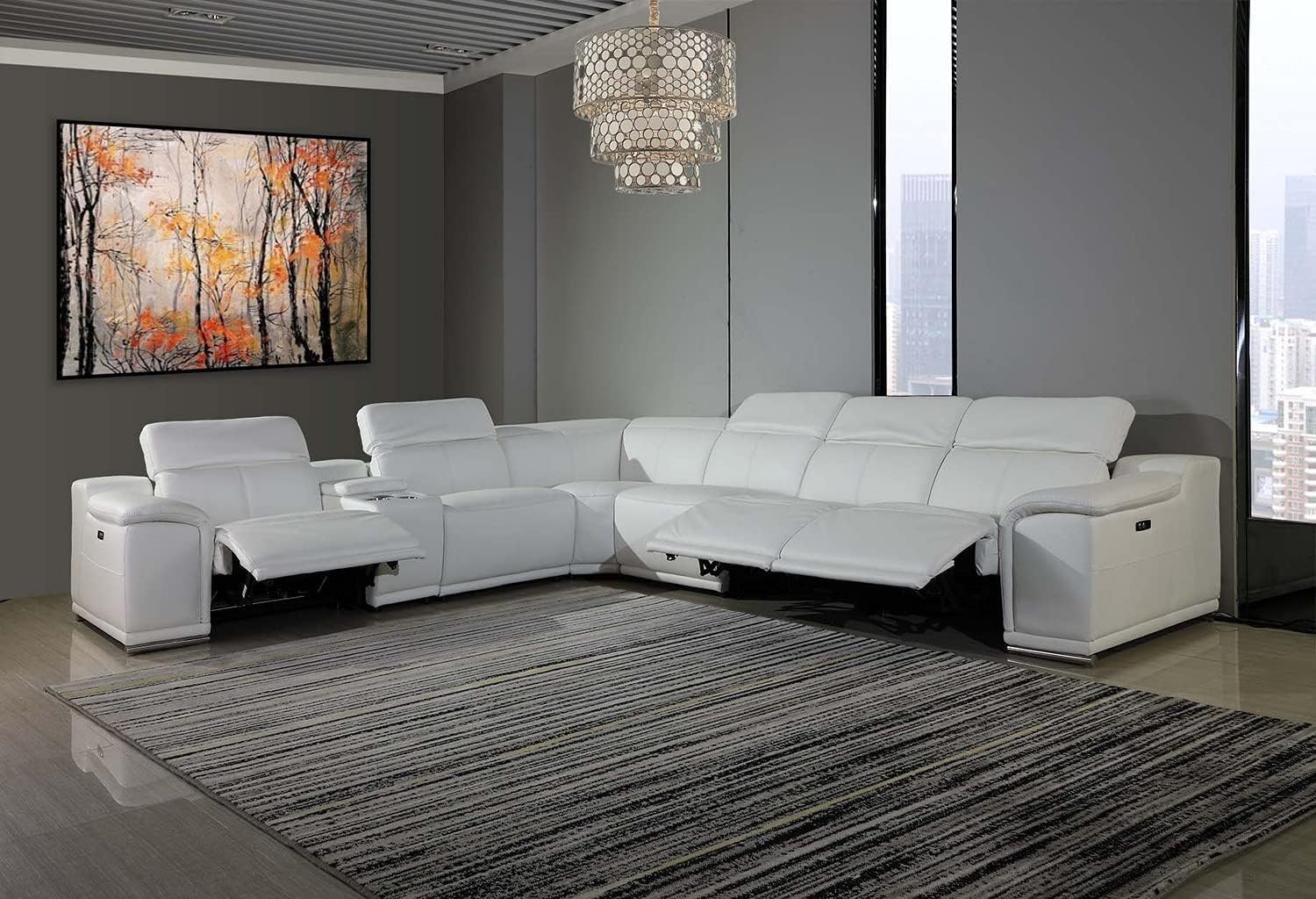 BlackJack Furniture Venice 7 Piece Top Grain Italian Leather Sectional Sofa with 3-Power Recliners, Adjustable Headrest, Lumbar Support, USB &amp; Wireless Charger, Large Storage, 1 Console, Light Grey