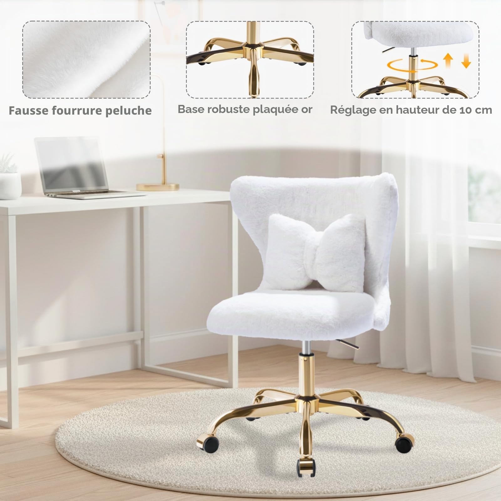 Chaise Coiffeuse Moderne, Fauteuil Pivotante à Roulette‌ Dorées‌ pour Fille, Siege Bureau Moumoute, Montage Facile, Blanche