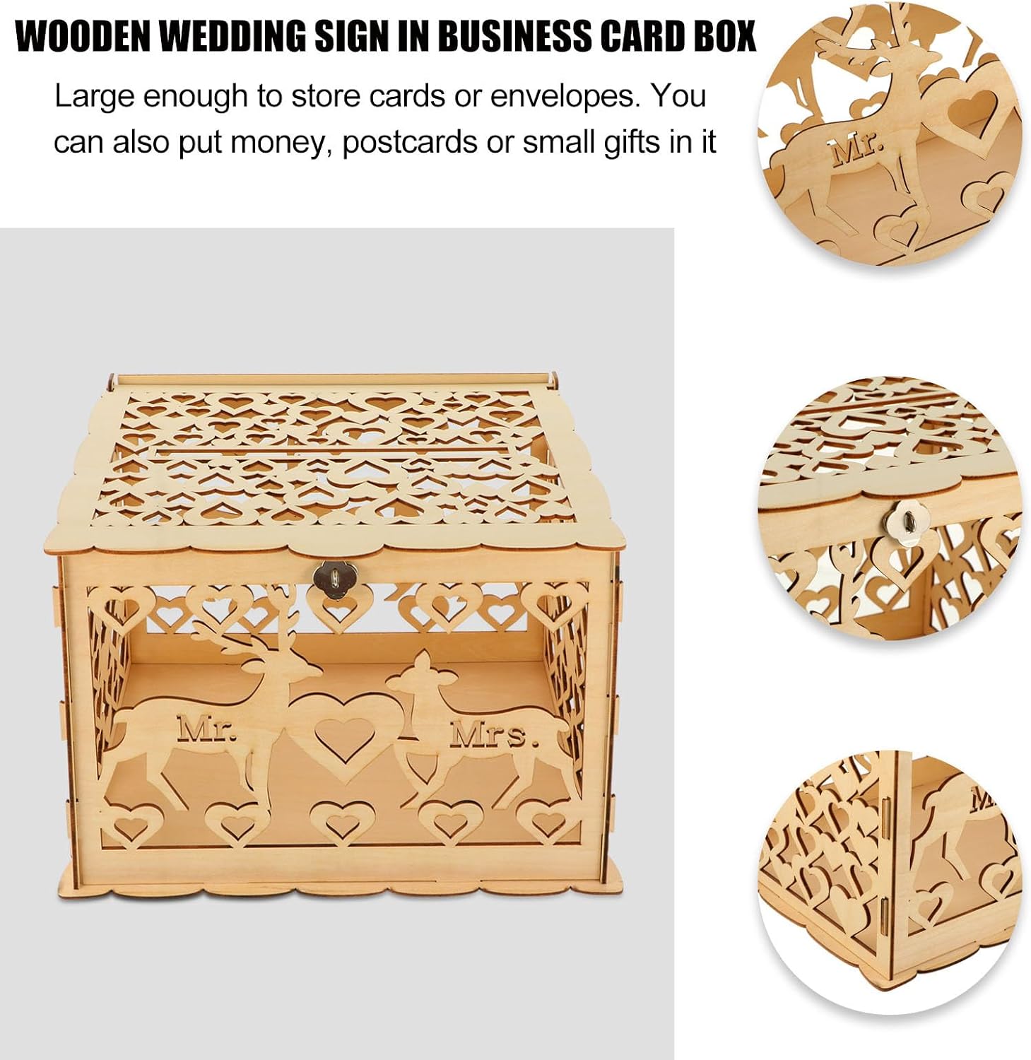 MAGICLULU Wooden Wedding Card Box Large Rustic Envelope Money Holder Hollow Carved Cards Case for Wedding Reception Party Decoration