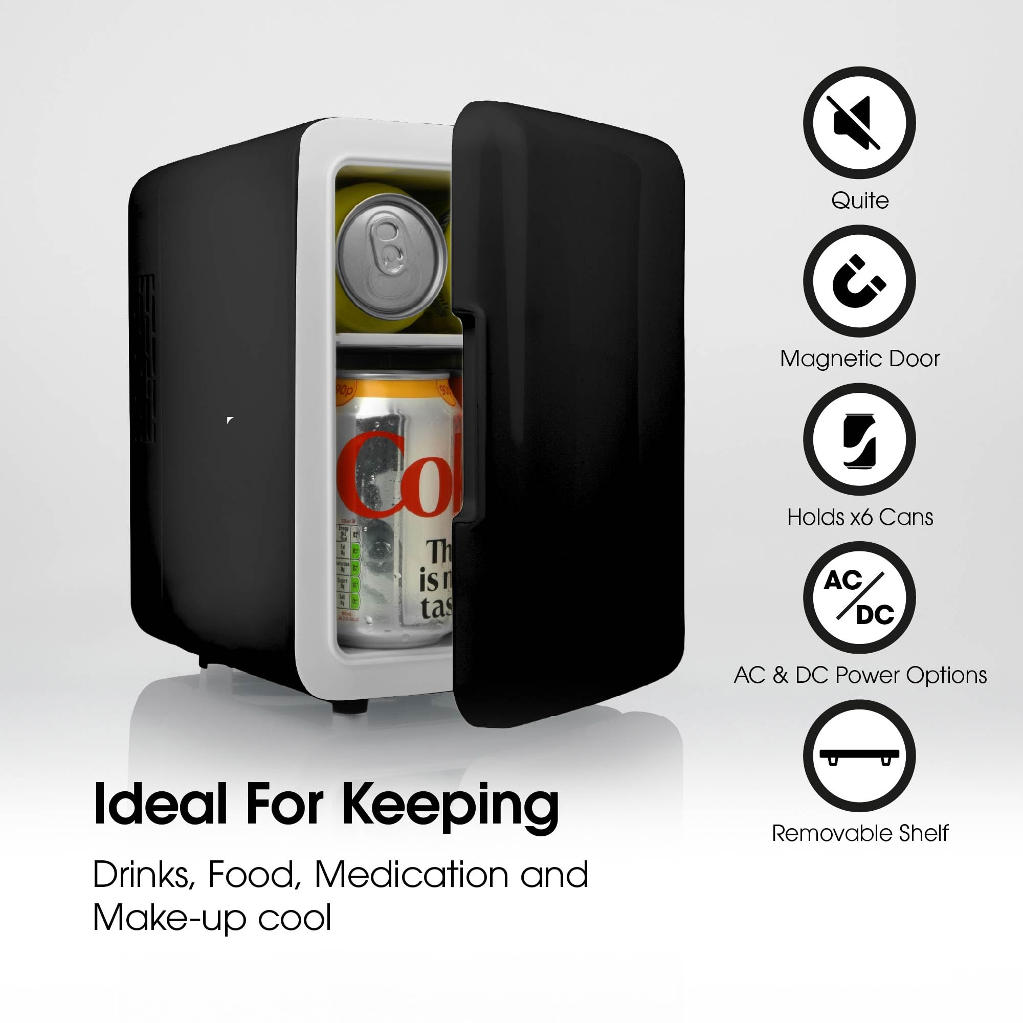 SLx Mini Fridge 4L, 6 Can Portable Fridge for Bedroom, Office, Car & Travel, Quiet 12V/AC/DC Cooler for Skincare, Cosmetics & Drinks (Black) — view 3