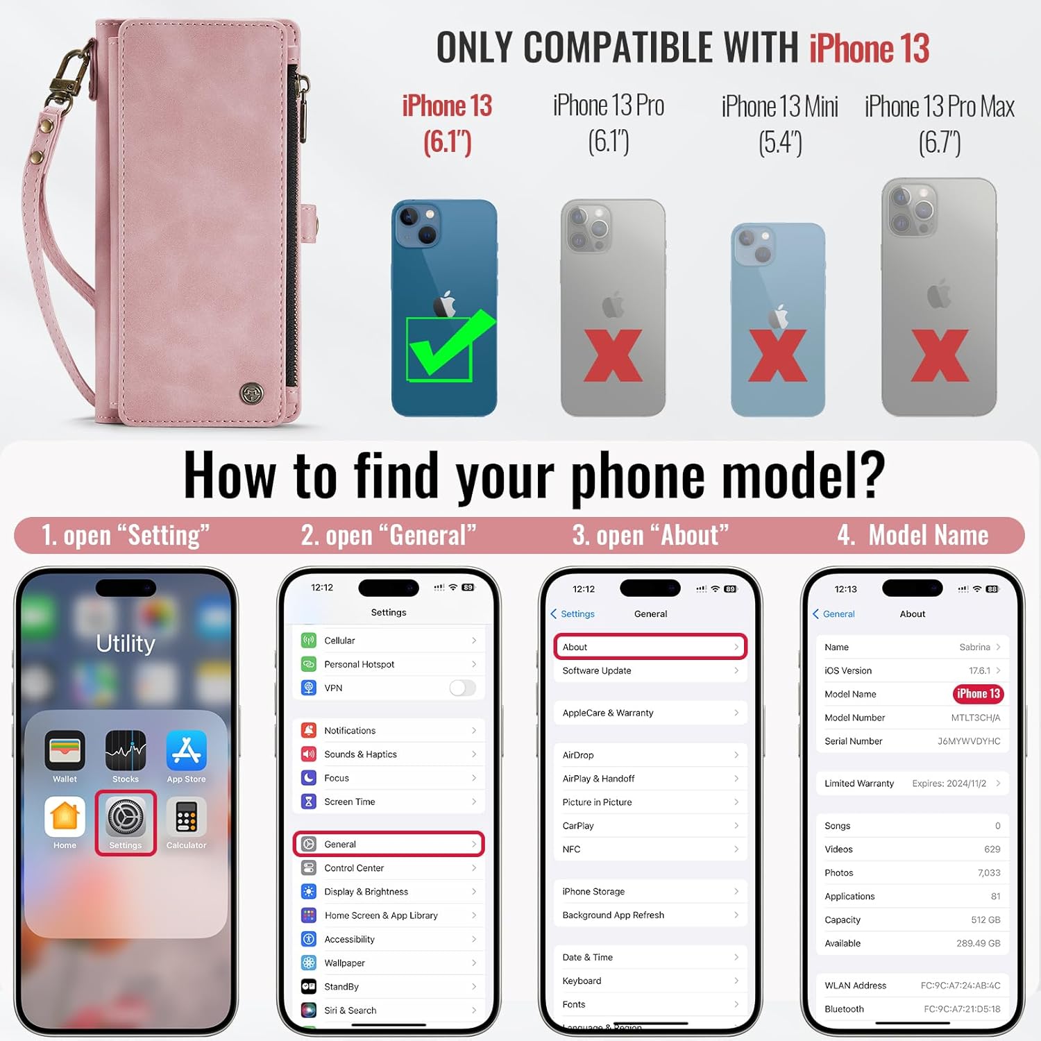 Defencase Compatible with iPhone 13 Case Wallet with RFID Blocking Card Holder for Women and Men, Fashion PU Leather Magnetic Snap Flip Zipper Strap Wallet Phone Case Fit for iPhone 13 6.1", Rose Pink