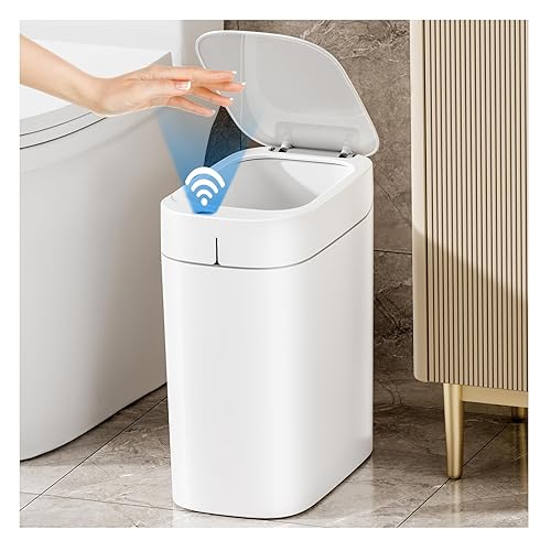 MOPALL Bote de basura recargable para baño, con sensor de movimiento, automático, sin contacto, blanco de 3.5 galones con tapa, cesta de basura
