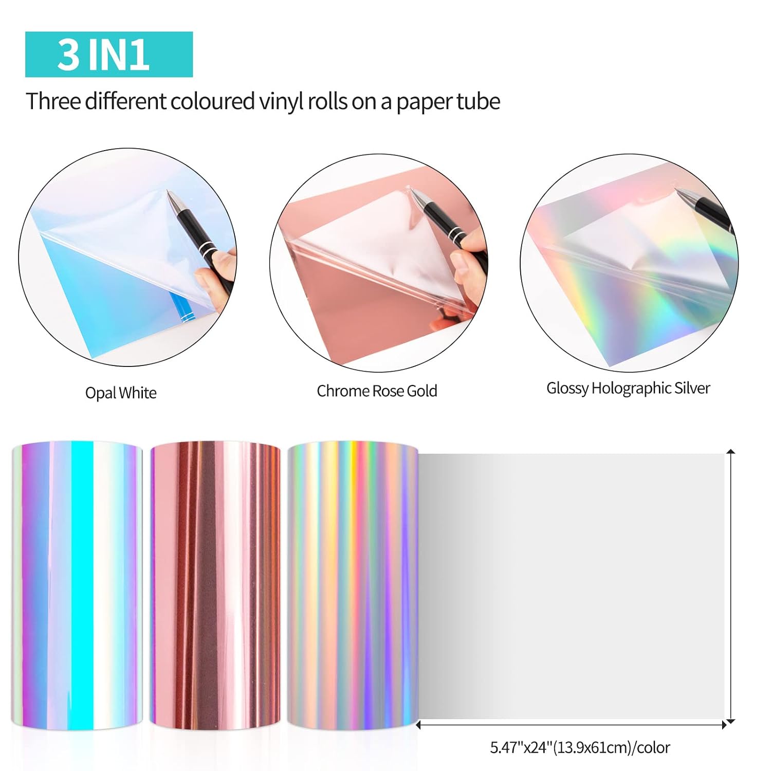 VINYLFROG 3 Sheets Chrome Vinyl Pack, Permanent Adhesive Backed Vinyl Sheets Set, 3 Colors(Opal White, Chrome Rose Gold, Glossy Holographic Silver) Craft Vinyl Pack 5.47"x24"(13.9x61cm)