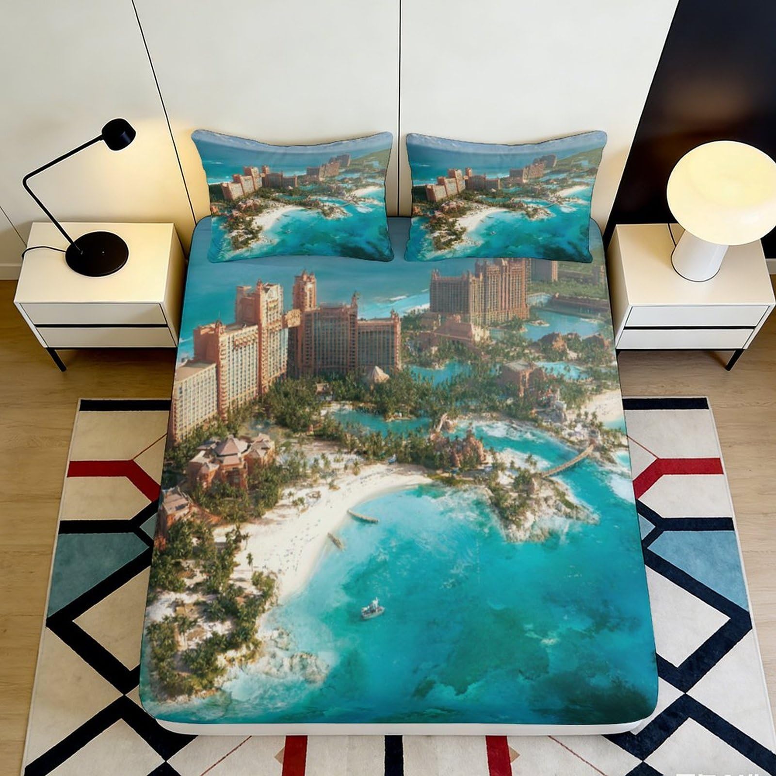 3D Printed Ocean Resort Paradise Fitted Sheet Microfiber Soft Beach Landscape Mattress Cover Bedroom Decor 140x200x25cm