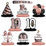 LINGTEER Happy 10th Birthday Rose Gold Table Honeycomb Centerpieces Cheers to 10th Birthday Ten Years Old Party Table Decorations Gift Sign.
