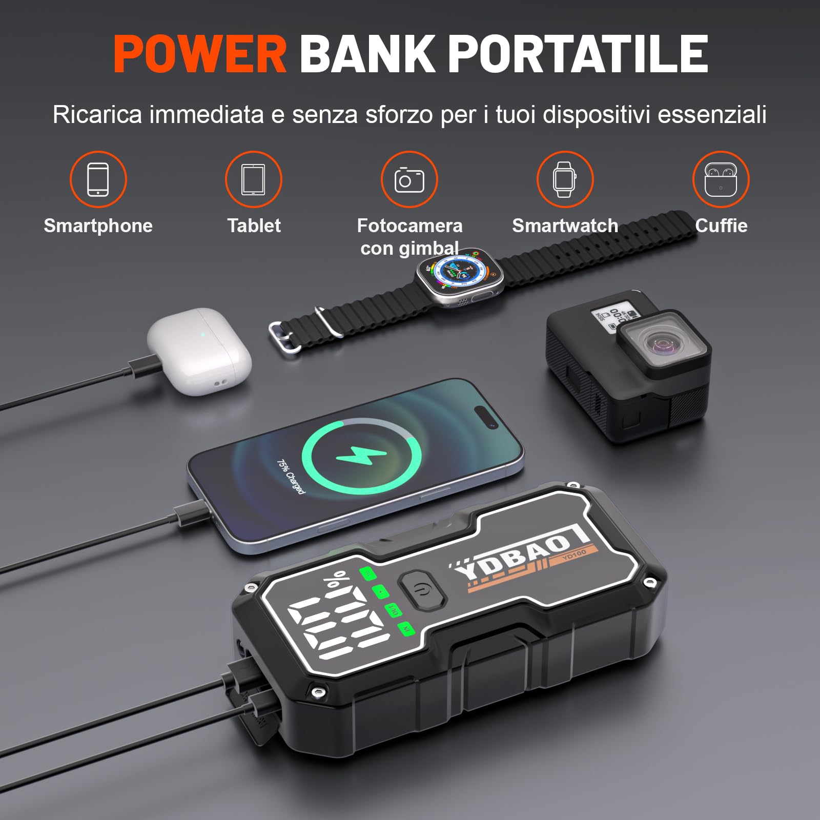 YDBAO Avviatore Batteria Auto 8000A Avviatore di Emergenza per Auto/Moto (Fino e 10.0L Diesel) 12V Booster Avviamento con Display LCD Jump Starter con Torcia a LED per Auto, Moto, Camion