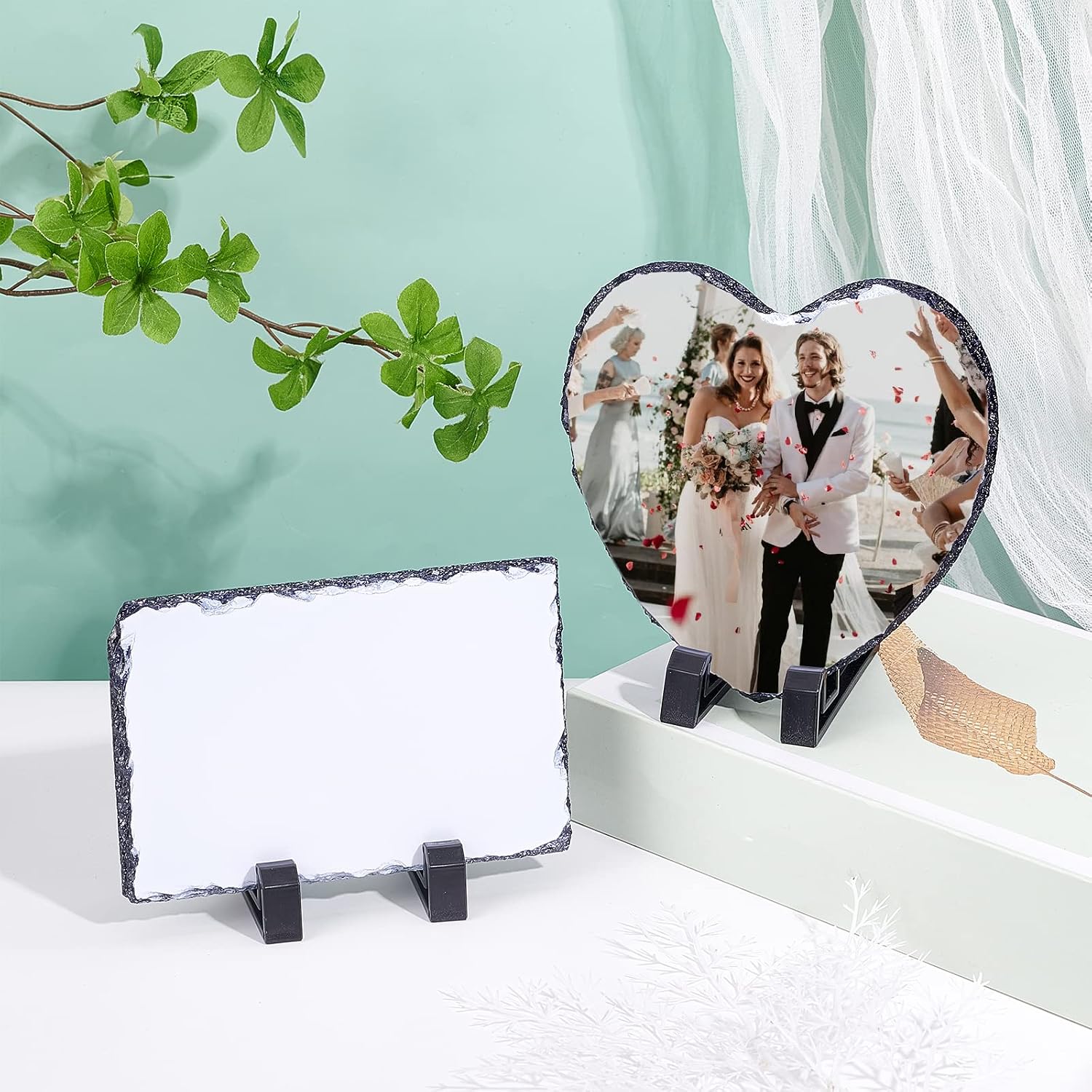 SUPERFINDINGS 2Pcs 2 Styles Sublimation Blank Slate Rock Stone Heart Rectangle Photo Frame with Display Holder Transfer Heart Picture Frame for Commemorate Mother's Day Gifts image 2
