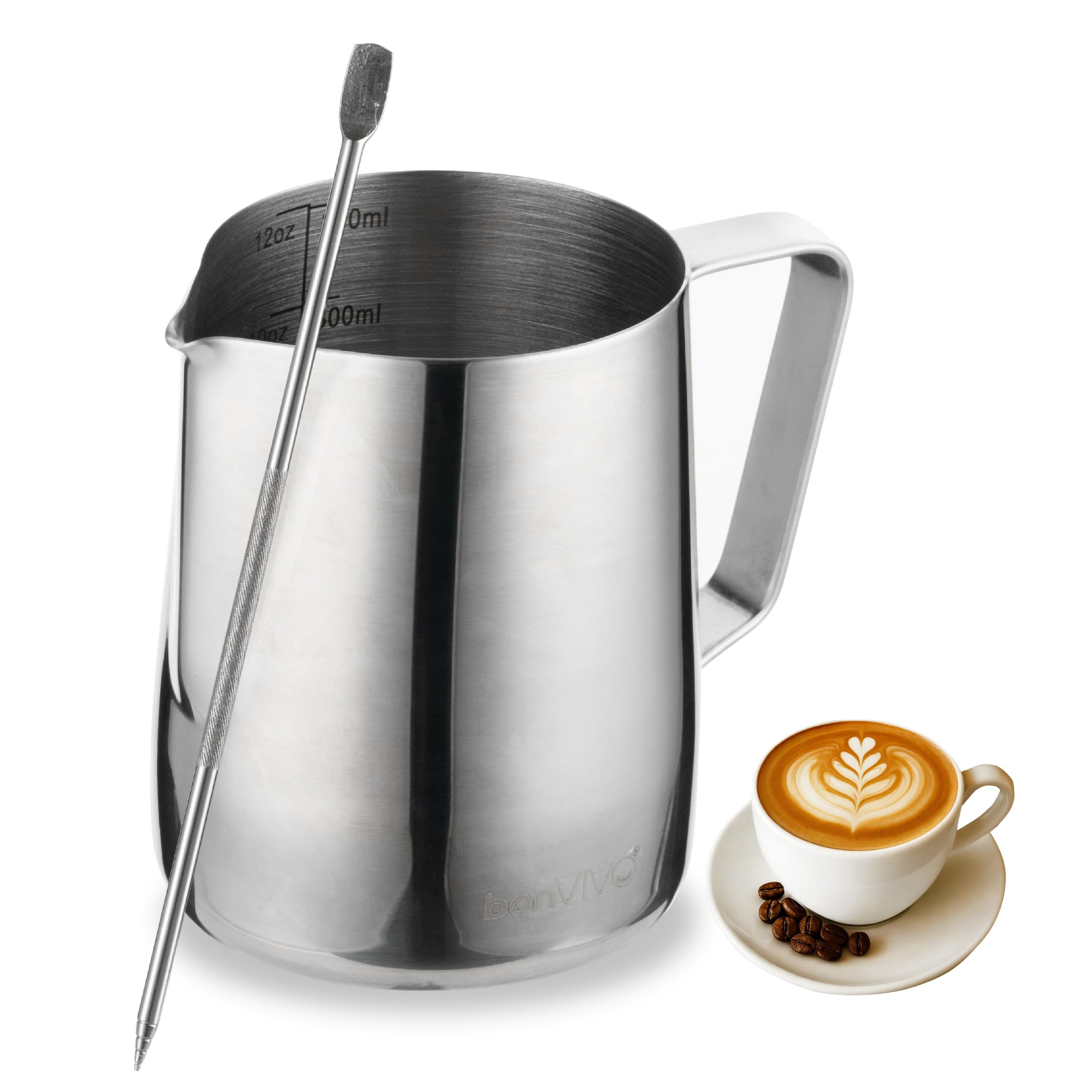 bonVIVO Milk Frothing Pitcher 350ml Stainless Steel with Latte Art Pen