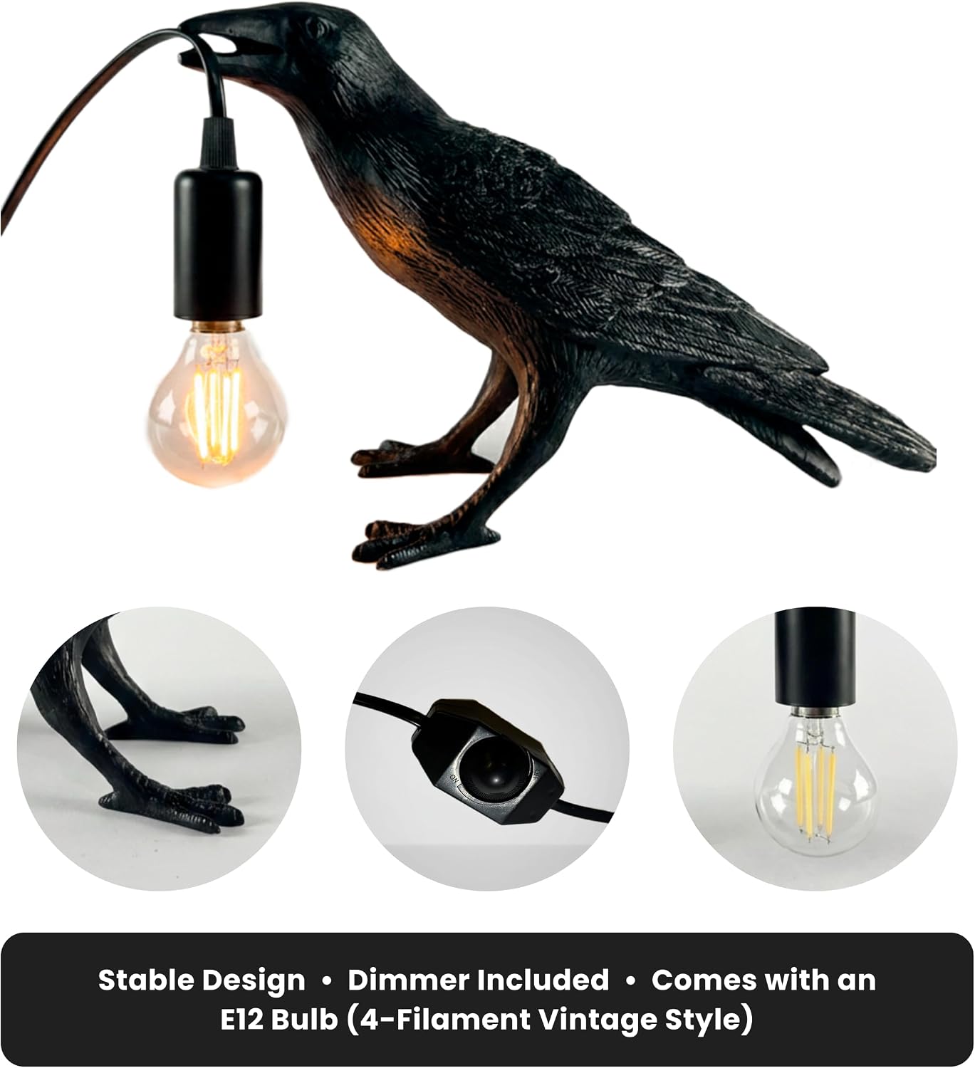 CROWSONG Gothic Raven Lamp – Crow Lamp with Adjustable Brightness, Dimmable Ambient Lighting, Black Bird Decor, Dark Academia Style, Vintage Filament E12 LED Bulb, Unique Home Accent Gift image 5