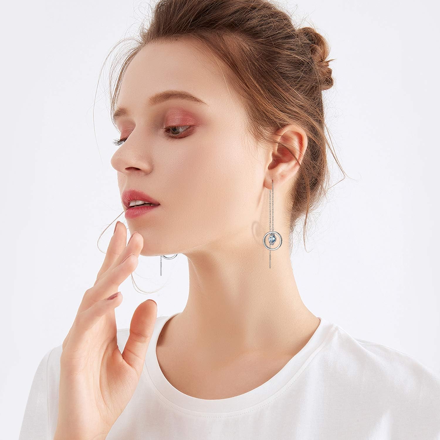 AOBOCO Sterling Silver Aquamarine March Birthstone Long Dangle Drop Earrings, Hypoallergenic Threader Earrings, Crystal from Austria, Anniversary Birthday Jewelry Gifts for Women
