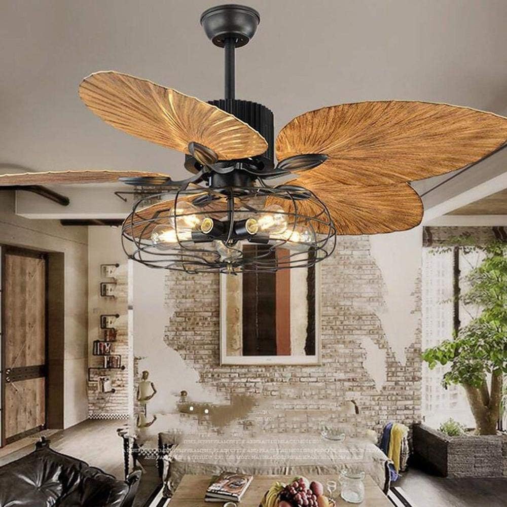 Industrial Cage Ceiling Fan - 52-Inch with 5 Lights, Remote Control, Palm Blades, and Black Finish - Quiet and Vintage Tropical Style Indoor Chandelier Fan