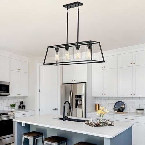 Miniatura 8 de Senyshilon Lámparas de comedor sobre mesa, iluminación de isla de cocina, candelabros negros de granja para comedor, 4 luces con vidrio transparente