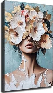 Woman with Roses Canvas Painting Flower Head Wall Art Elegant Woman with Peonies, Valentine's Day Wall Decor Gift Idea (Framed,28×40 inch)