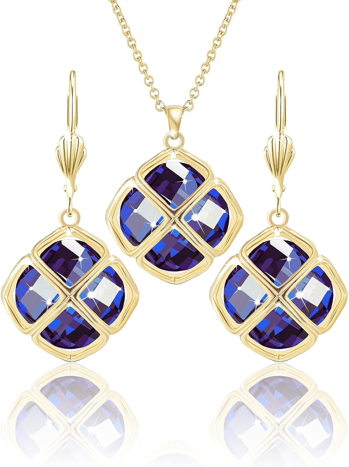 14MM Crystal Pendant Necklace Earrings Sets for Women 14K Glod Plated Jewelry