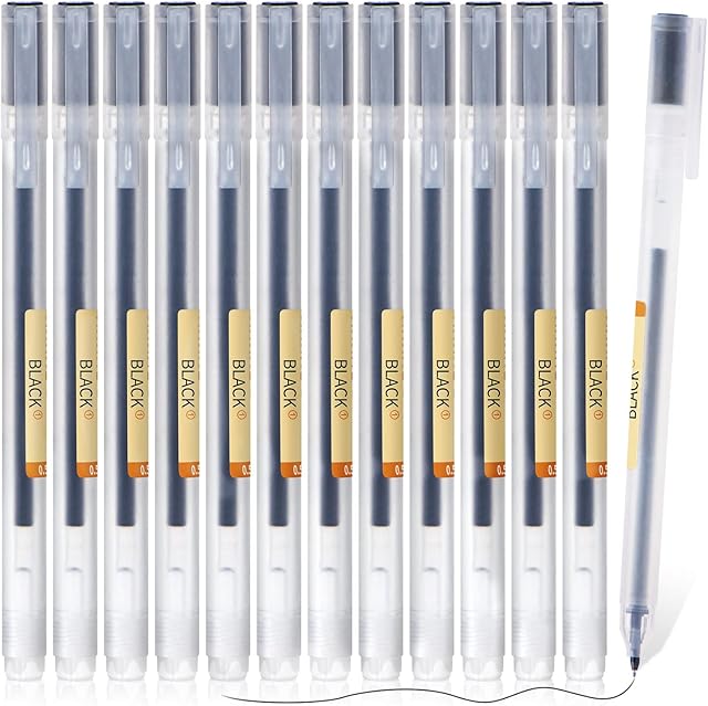 Gel Pens, 12Pcs 0.5mm Felt Tip Quick Drying Ink Rollerball Black Pen Sets for Adults Handwriting, Note Taking, School & Office Stationery Supplies (Black)