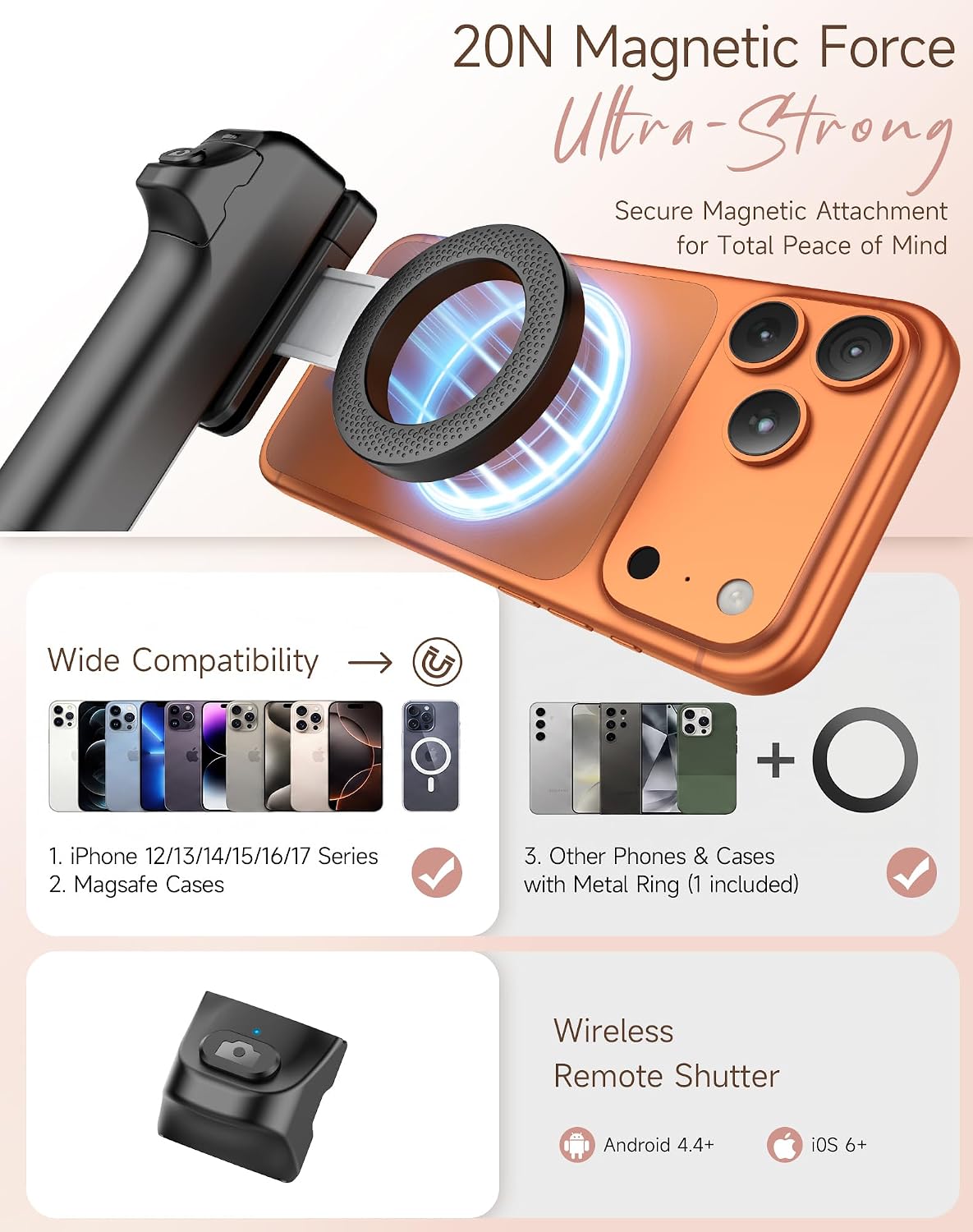 Feitenn Magnetic Selfie Stick Tripod, Detachable Remote, 40cm Extendable Phone Grip, 360° Adjustable Camera Holder, Pocket Vlog Hand Grip Compatible with iPhone 12-17 & All Smartphones(Black)