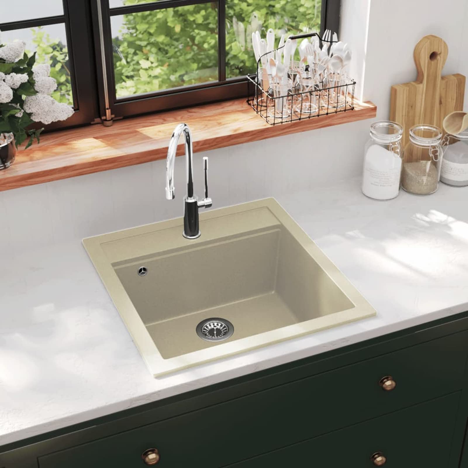 ZEYUAN Fregadero de Cocina de Granito con un Seno, Mueble Pila Lavadero, Pila Fregadero Cocina, Fregadero sobre Encimera, Fregadero Baño Encimera, Picas De Cocina, Beige