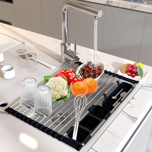 crayfomo Roll Up Dish Drying Rack,Over Sink Dish drainer,Foldable Sink Drainer Rack, Heat Resistant Mat with FDA Non-Slip Silicone and Stainless Steel Pipe for Kitchen Sink 22.8" x 12.6"