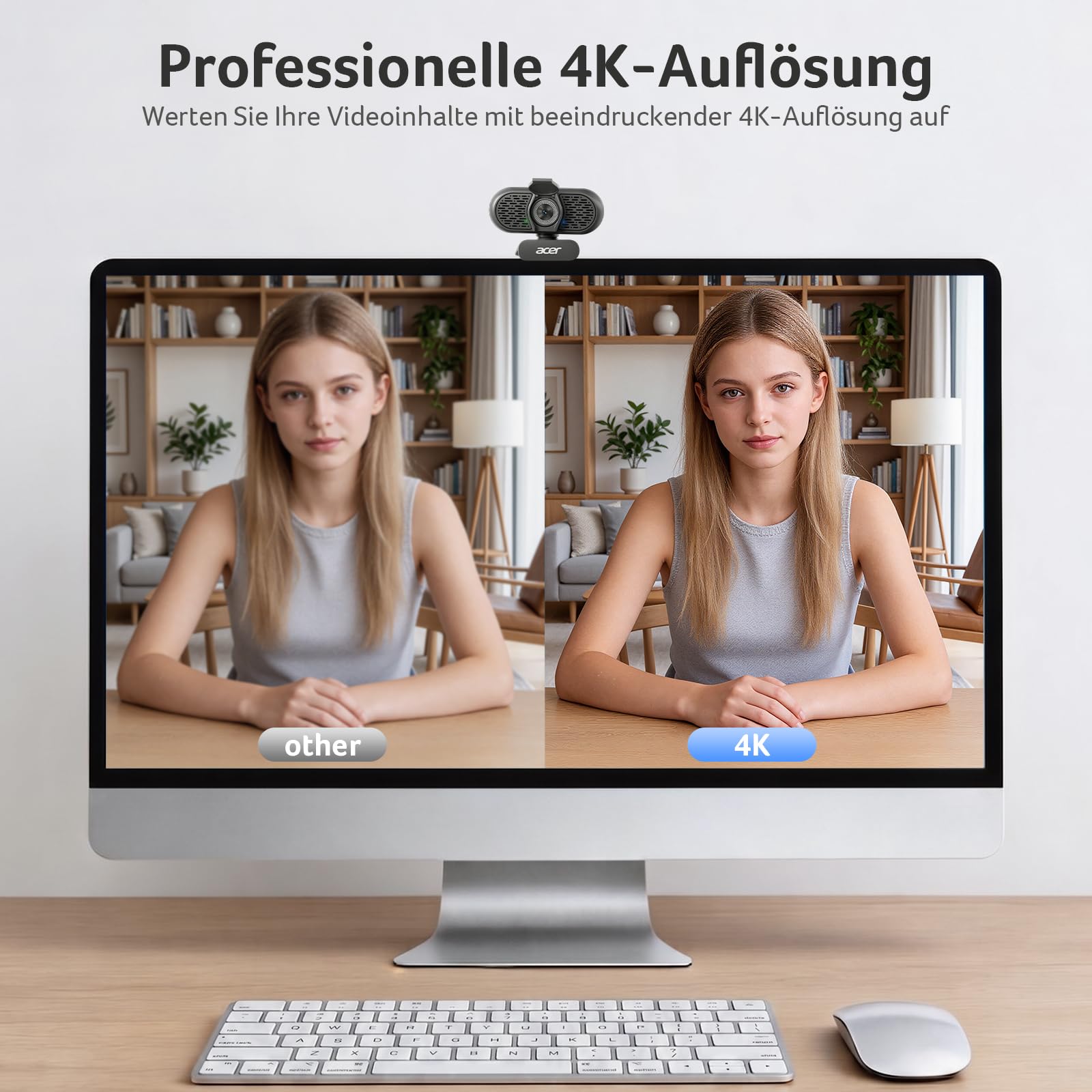 Acer A640 4K-Webcam mit Sony-Sensor, 2K/1080p@60fps, PDAF, Noise-Cancel-Mic, Privacy-Shutter, USB-A-zu-C-Adapter – für Gaming, Streaming, Teams, Zoom, FaceTime & Switch 2