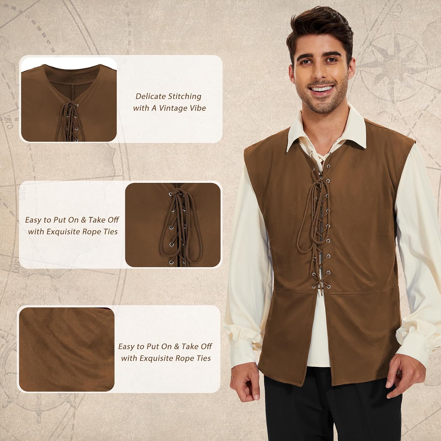 Zando Mens Pirate Vest Renaissance Medieval Viking Halloween Costume