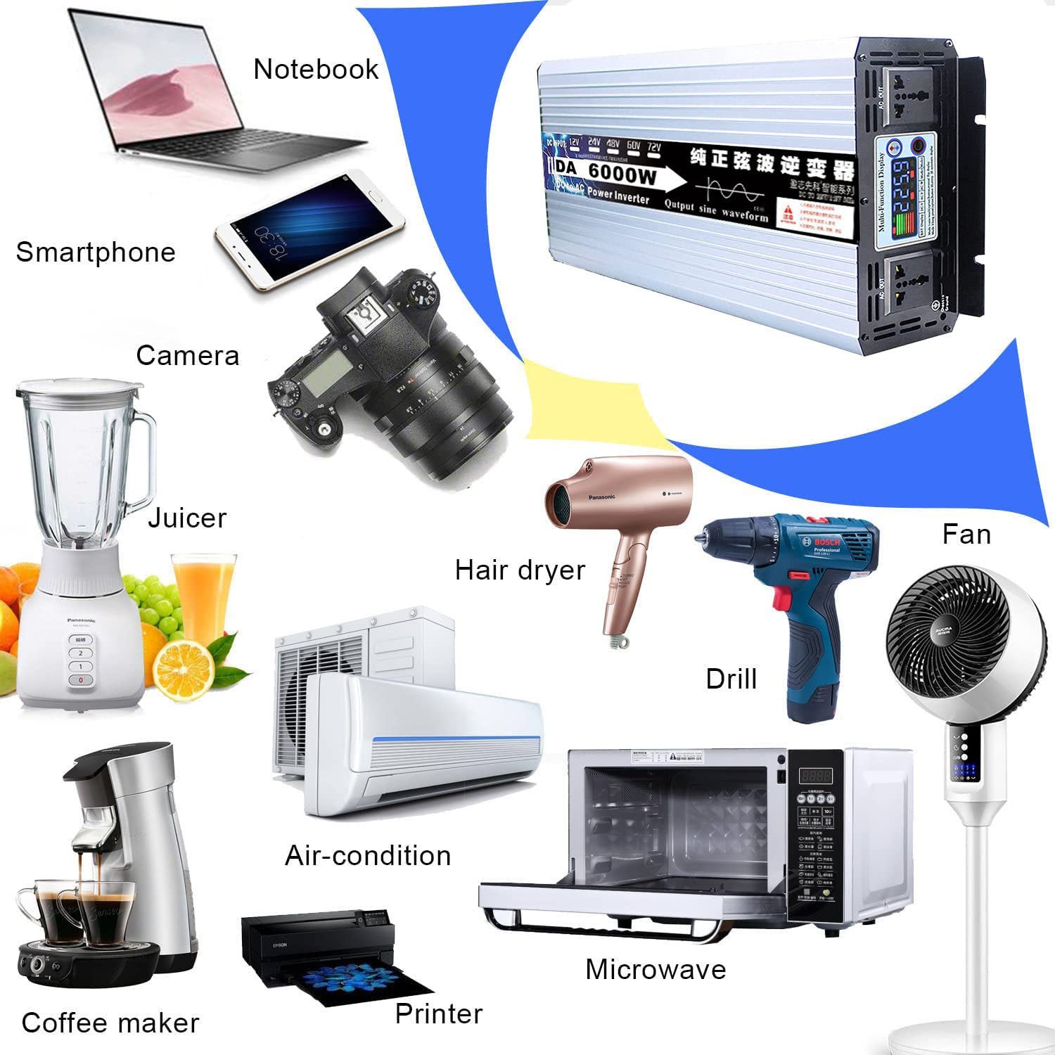 Falownik, przetwornice mocy, 3000 W 4000 W 5000 W 6000 W 8000 W Czysta fala sinusoidalna Przetwornica prądu stałego DC12V/24V na AC 220V 230V 240V z gniazdami prądu przemiennego i wyświetlaczem LED dl