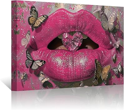 PBXBJY Lip Canvas Wall Art Abstract Sexy Woman Lip Pictures Heart Shape Diamond Butterfly in Mouth Poster Prints Colorful Artwork Beauty Salon Makeup Room Decor Pink, 12.00" x 18.00"