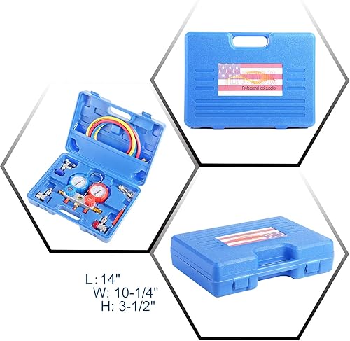 Miniatura 9 de JIFETOR Juego de manómetros de colector de CA de 3 vías, herramienta de carga de diagnóstico HVAC para refrigerante R134A R404A R410A, manguera de 5