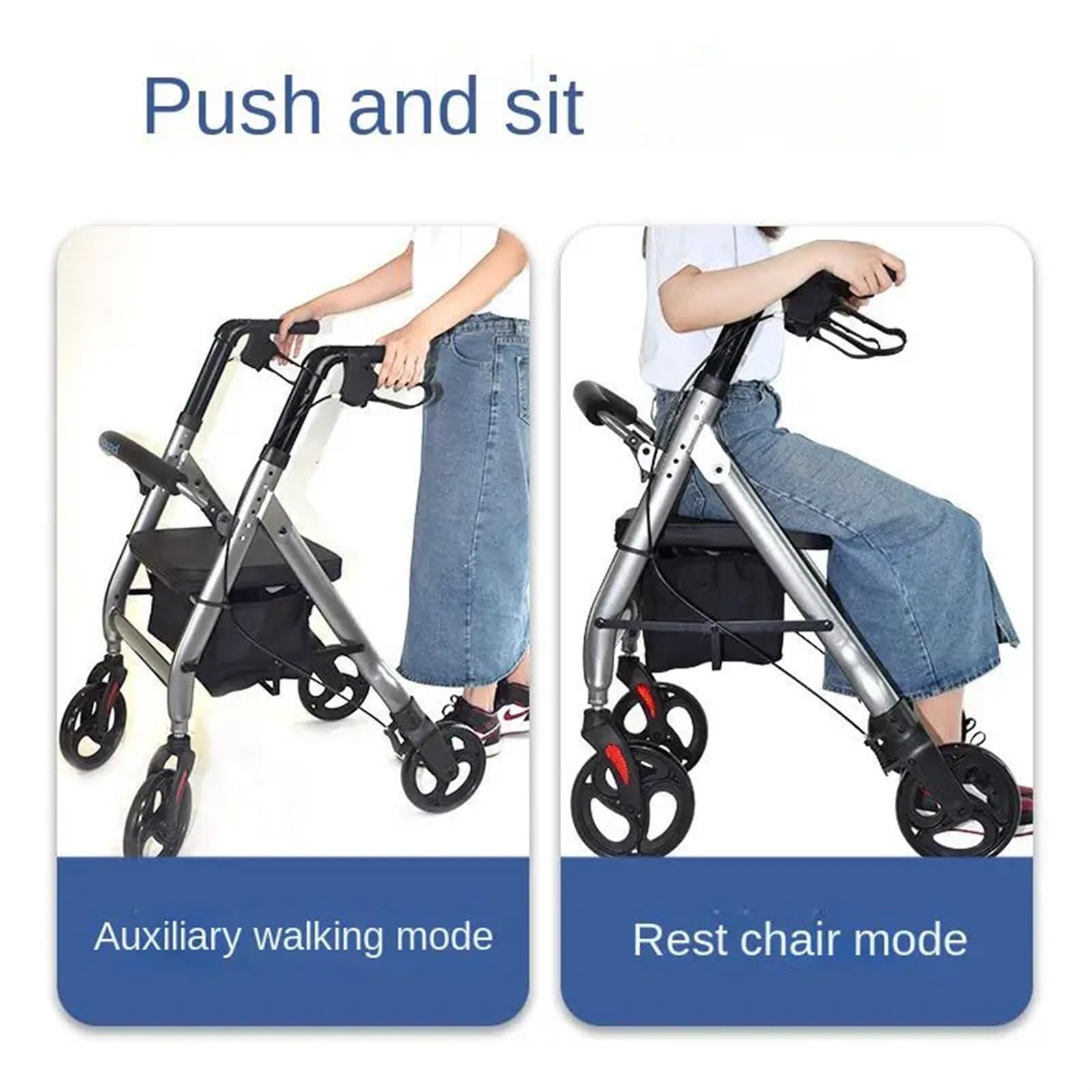 Chodzik Rollator Składany wózek na 4 kołach dla osób starszych niepełnosprawnych Anti Rollover Assist Walking pomoc w poruszaniu się może pchać i siedzieć laska Pomoce do chodzenia