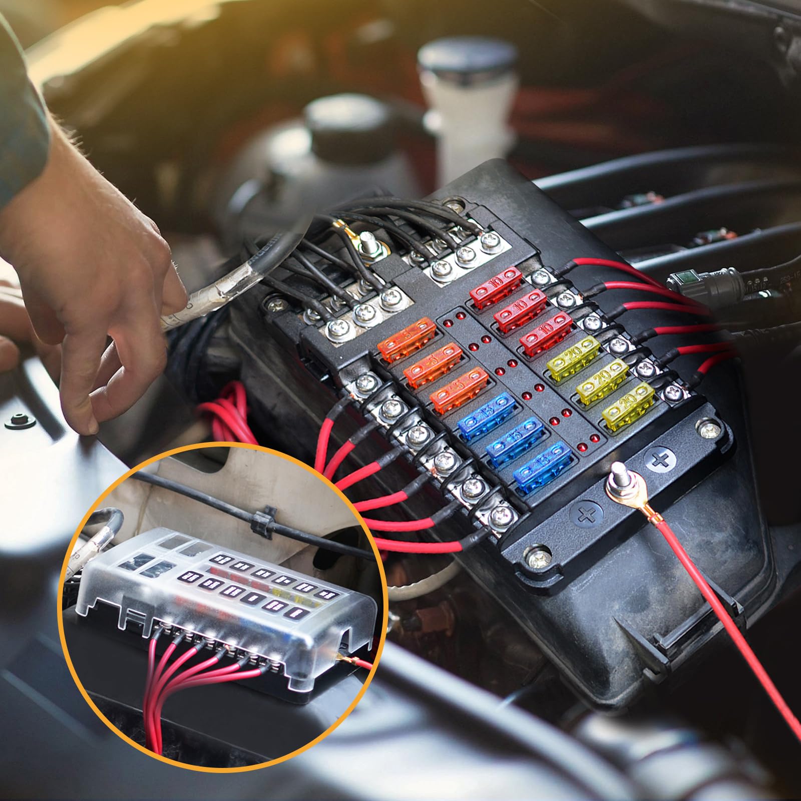 12-krotny uchwyt bezpiecznikowy do samochodu, skrzynka bezpiecznikowa 12 V, z wyświetlaczem LED, do DC 12 V/24 V, do samochodów osobowych, SUV, ciężarówek, łodzi, vanów, pojazdów morskich