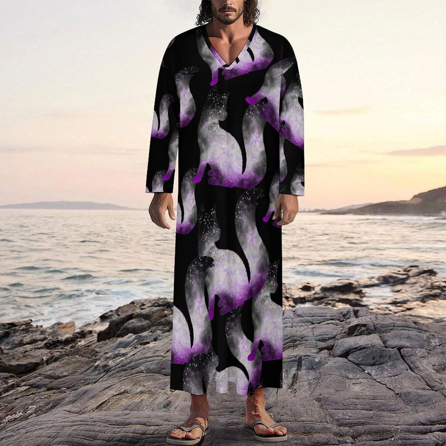 Asexual Space Cat Men's Kaftan Thobe Long Sleeve Robe V Neck Casual Gown