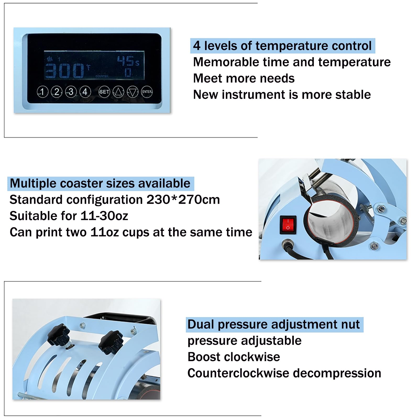 Prasa Termiczna O Mocy 500 W, Możliwość Ustawienia Temperatury 0–250 Stopni Celsjusza + 0–999 S, Z Temperaturą Na Panelach LCD, Do Kubków O Pojemności 11–30 Uncji,Blue