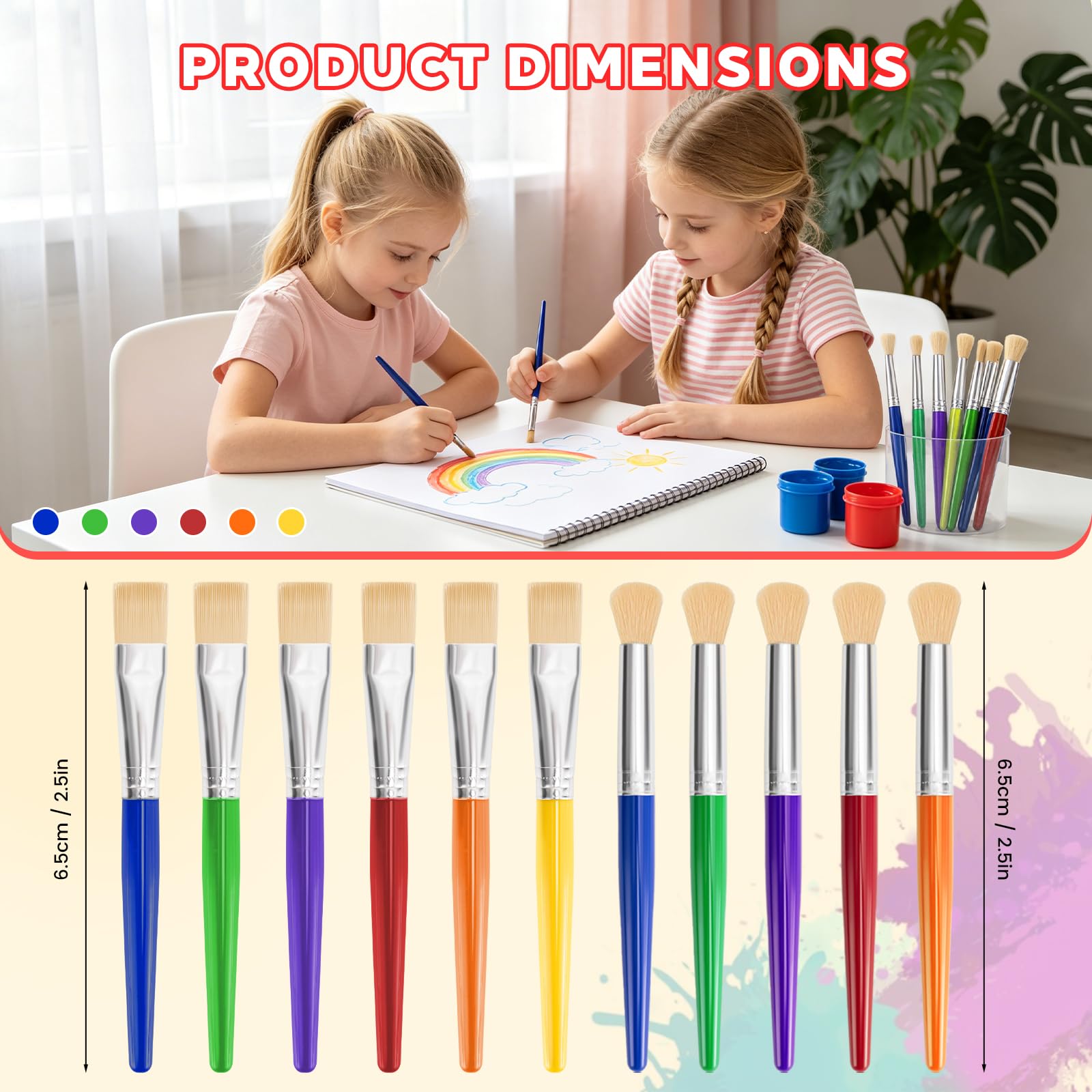 Lot de 48 pinceaux de peinture pour enfants - Grands pinceaux ronds et plats pour peinture acrylique, huile et aquarelle - Lavables