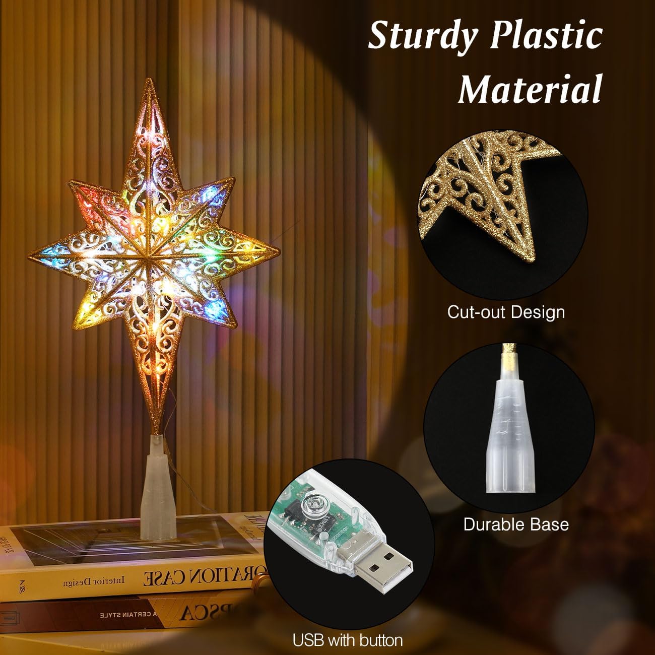 Lewondr Christmas Tree Topper, USB Powered Remote Controlled 14 Inch Bethlehem Star Xmas Tree Topper with Colorful LED Beads, 6H Timer 8-Point Treetop Light for Home Holiday Xmas Moravian Decor, Gold
