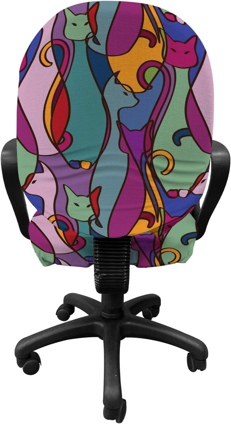Ambesonne Cat Office Chair Slipcover, Geometric Colorful Cats Abstract Composition Cultural, Protective Stretch Decorative Fabric Cover, Teal Purple