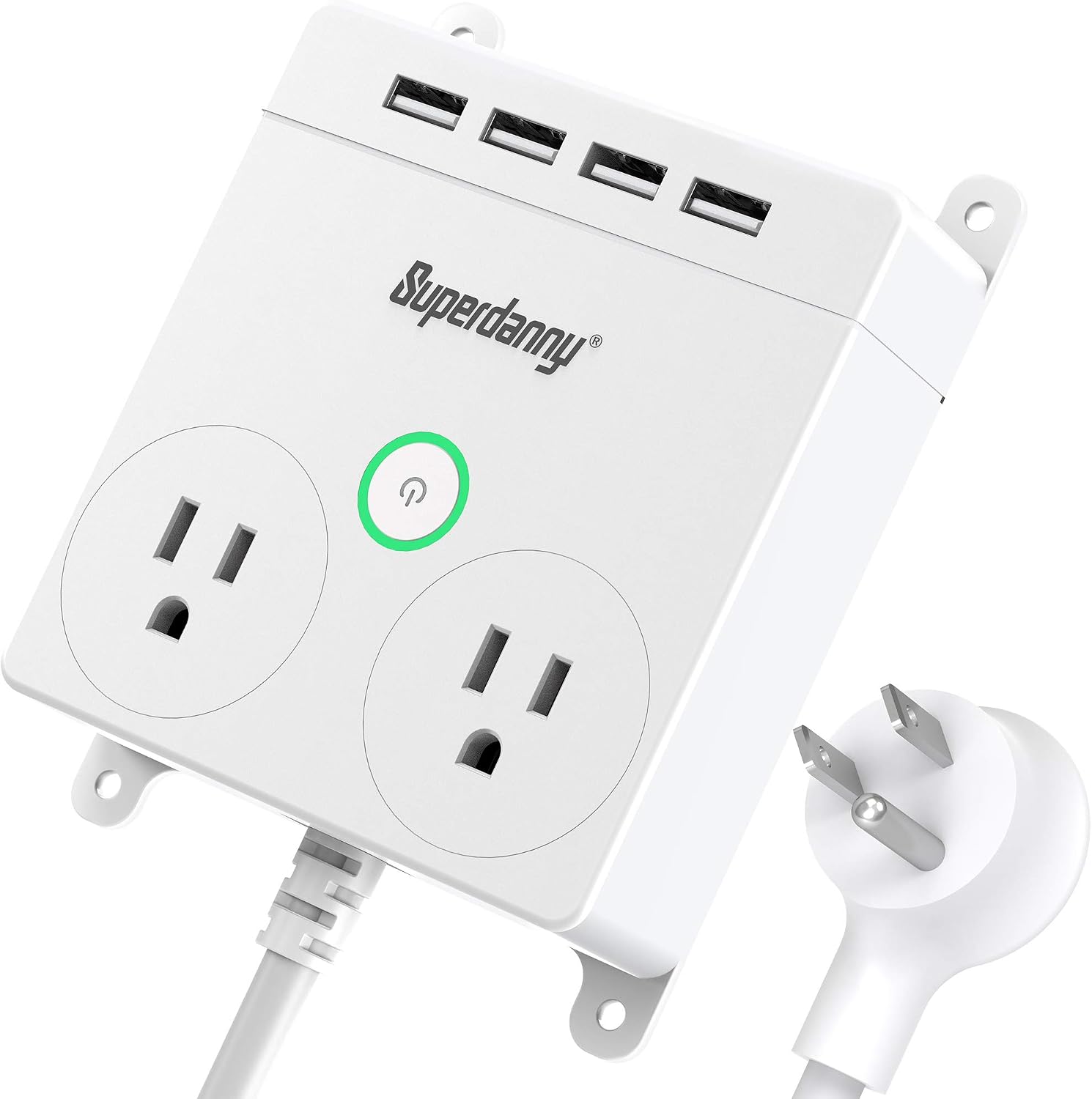 Power Strip with USB - SUPERDANNY Wall Mountable Flat Plug Outlet Extender with 5ft Extension Cord, Desktop Charging Station with 2 AC Outlets & 4 USB Slots for iPhone iPad Samsung LG PC Laptop, White