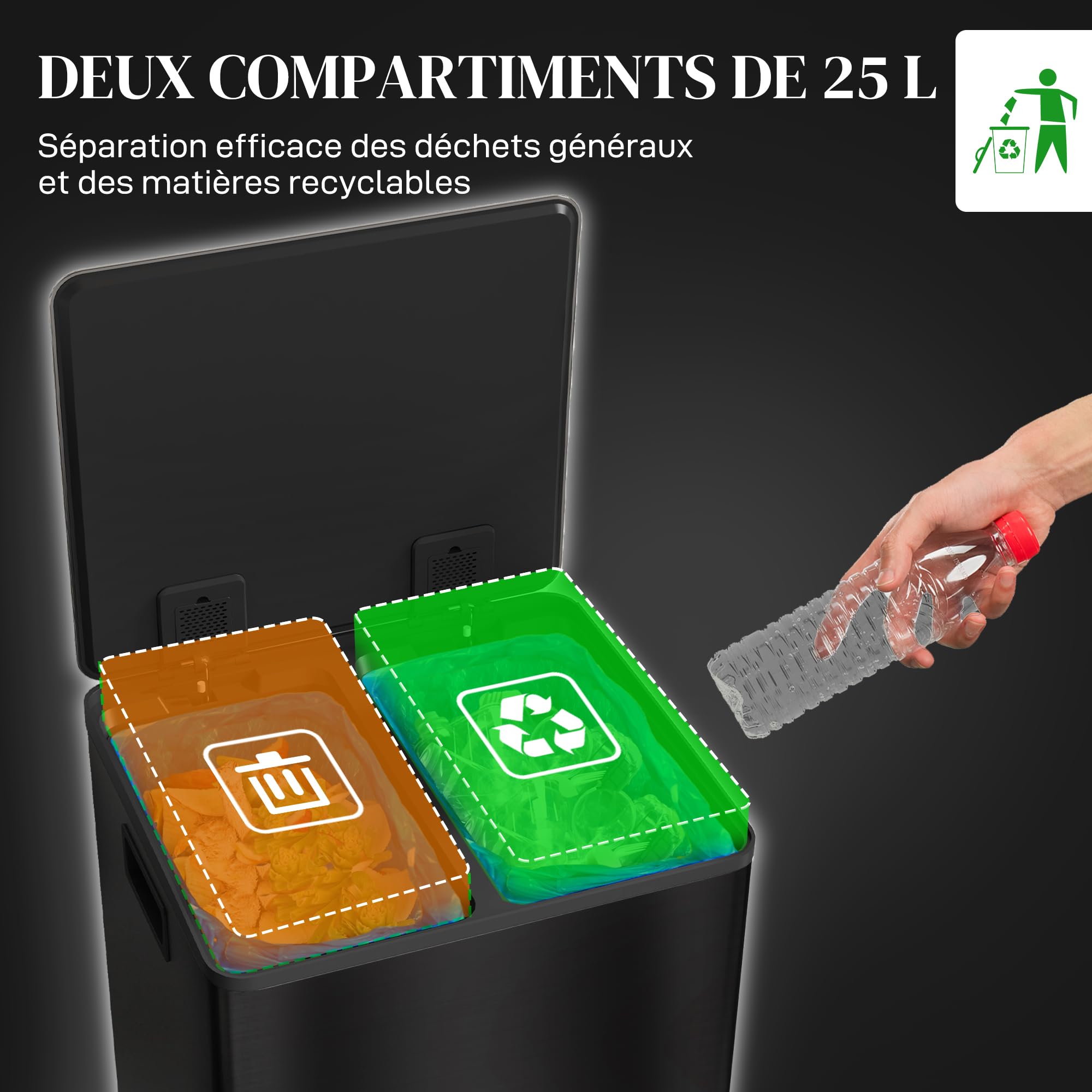 HOMCOM Poubelle à Double Compartiment 2x25L Acier Inoxydable Noir Mat | Poubelle de Cuisine à Pédale, Tri Sélectif, Seaux Intérieurs, Couvercle à Fermeture Douce, Maintien en Ouverture, Poignées
