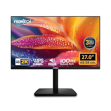 FRONTECH 27″ QHD 2K Gaming Monitor, IPS Panel, 100Hz Refresh Rate, FreeSync, Flicker Free, Low Blue Light, HDMI + DisplayPort, Built-in Speakers, 3-Ye