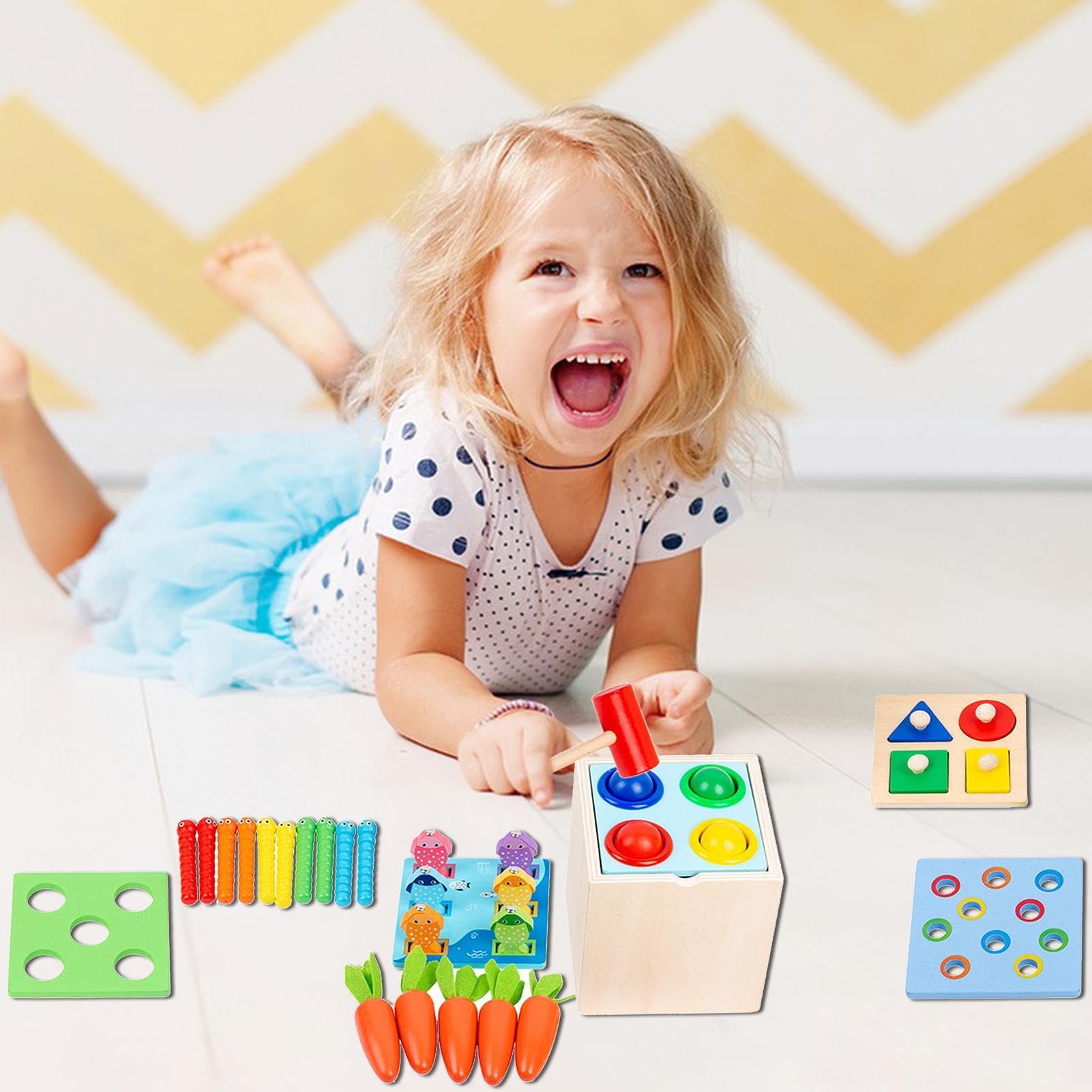 Kit de jeu de jouets Montessori en bois 6 en 1, boîte de permanence d'objets, ensemble de jeu avec boîte à monnaie, trieur en forme de récolte de carottes, jouet goutte de