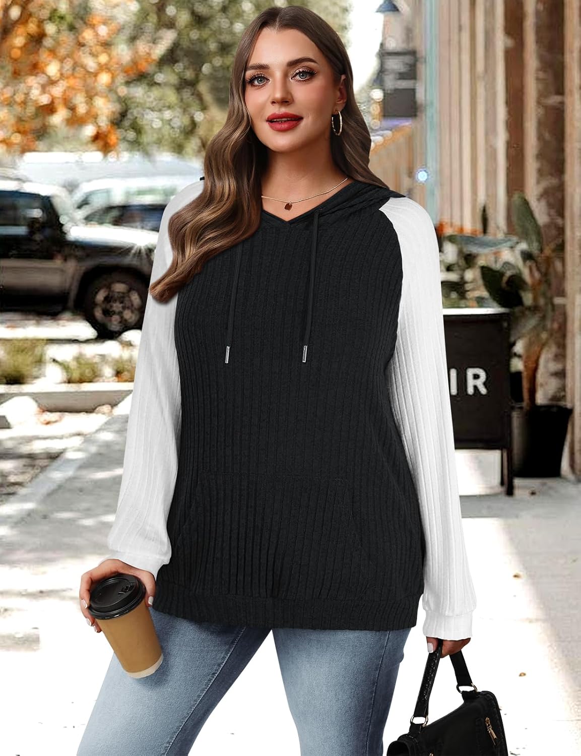 Koscacy Womens Plus Size Hoodie Sweaters Lightweight Color Block Raglan Sleeve Pullover Tops - Image 4