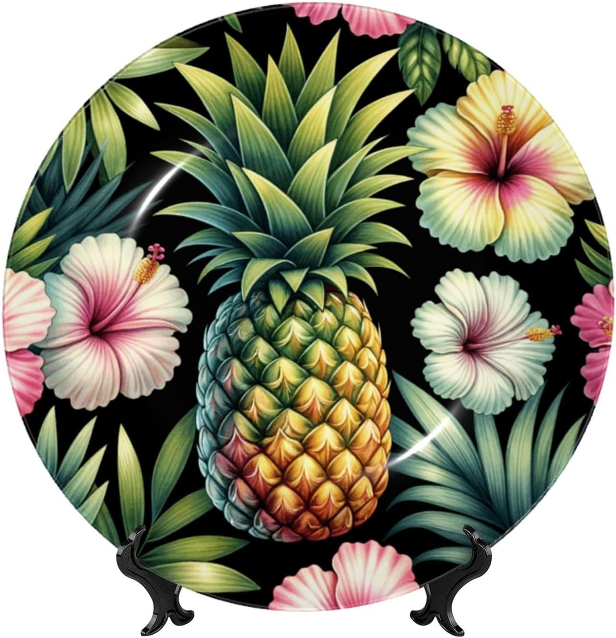 Hawaii-Pineapple-Hibiscus 10 Inch Decorative Plate With Stand, Elegant Display Wall Plate For Home Decor